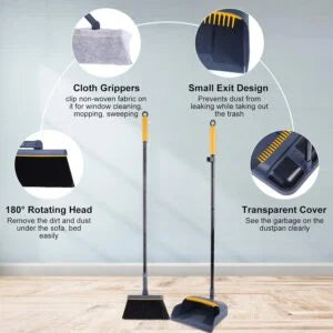 JEHONN Dustpan and Brush Set Long Handled, Tall 180 Degree Rotating Sweeping Brush