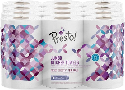 Presto! Jumbo Kitchen Roll, 3-ply, Strong and Absorbent, 12 Rolls