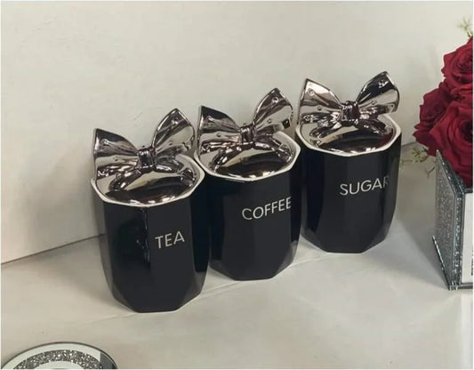 Biznest Set Of 3 Jars Silver Bow Lid Kitchen Canister Jar For Tea Coffee