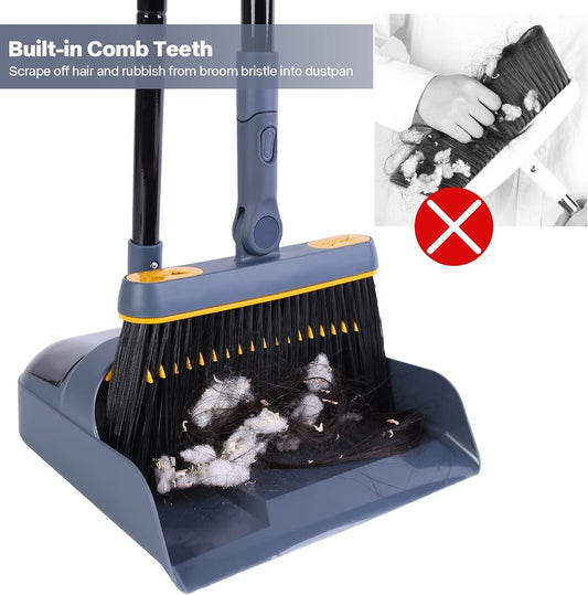 Dustpan and Brush Set Long Handled, Tall 180 Degree Rotating Sweeping Brush, Household Dust Pan with Comb Teeth for Indoor Outdoor Garden Home Room Kitchen Office Lobby