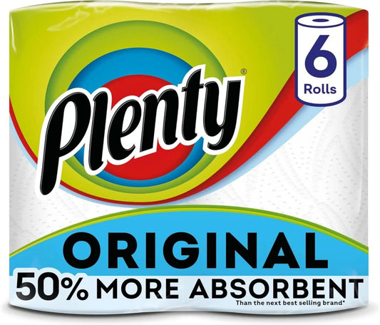 PLENTY Kitchen Towel, 6 White Rolls, 600 Sheets of Kitchen Roll, 2-Ply Tissue