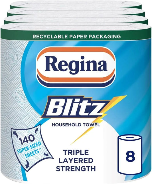 Regina Blitz Household Towels – 8 Triple Layered Rolls, 140 Sheets Per Roll